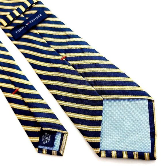 Tommy Hilfiger Blue Gold Striped Woven Silk Tie - Picture 5 of 6